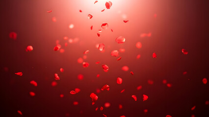 A gentle cascade of red rose petals drifts downwards in a soft gradient of light