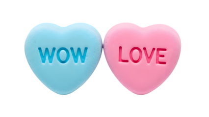 Two heart shaped candies one blue that says wow the other pink that says love