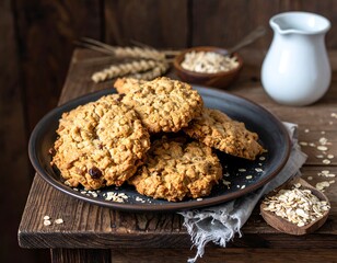 Rustic wooden still life with oatmeal cookies on a plate, milk jug, oats and wheat stalks