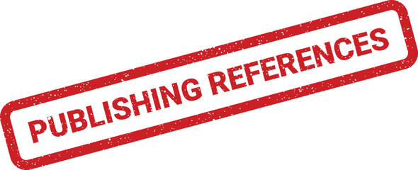 Distressed red stamp clearly indicating publishing references with textured grunge effect on a clean background