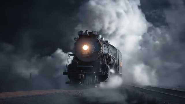 A lone steam locomotive with a blazing headlamp emerges through very dense fog beneath stormy clouds