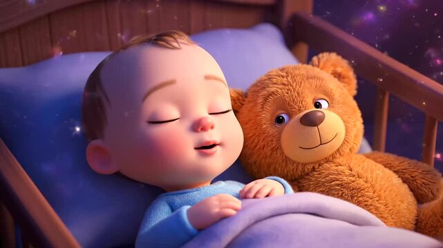 Adorable animated baby and teddy bear sleeping peacefully in a magical crib for World Sleep Day