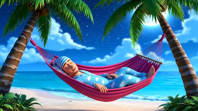 Celebrating World Sleep Day: A peaceful cartoon man in comfy pajamas enjoys a blissful night's sleep in a hammock on a serene tropical beach under a full moon.