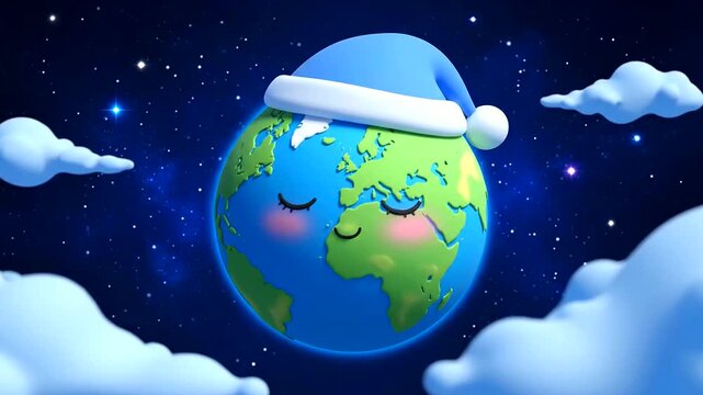 Adorable Sleeping Earth Character Wearing a Blue Nightcap Under a Starry Night Sky with Fluffy Clouds, Celebrating World Sleep Day