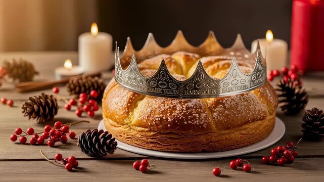 Traditional epiphany cake with decorative crown and festive holiday elements on wood table for celebration