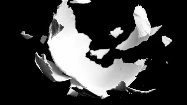 Dramatic black and white high contrast view of fragile white eggshell exploding, shattering into million fragments. powerful abstract concept of destruction in each piece