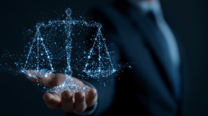 A businessperson's hand holds a digital Scales of Justice symbol made of luminous blue particles, against a dark backdrop