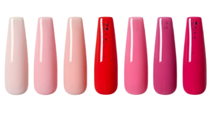 A gradient of nail polish colors from light pink to bright red and various shades of pink on a black background