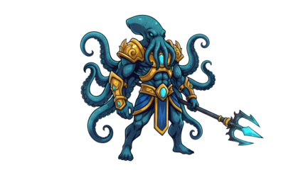 A powerful blue-skinned humanoid octopus warrior with multiple tentacles, wearing golden armor and holding a trident.