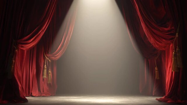 Dramatic red velvet curtain on an empty stage under bright spotlight. mysterious atmosphere building anticipation for grand opening show and theatrical performance