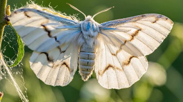 A white moth with delicate patterned wings emerges from its silk cocoon in a soft, sunlit natural setting