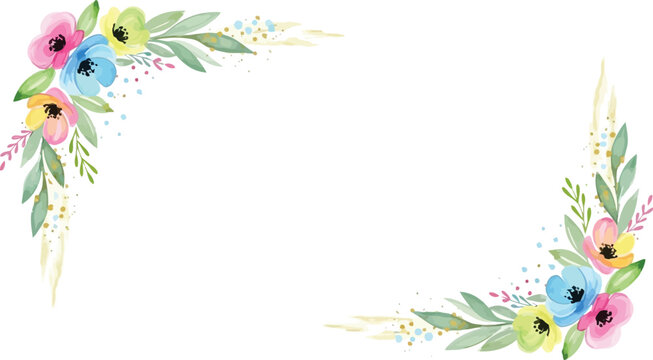 Beautiful watercolor floral corner frames with vibrant spring flowers and delicate green leaves, perfect for elegant invitations, greeting cards, and festive decorations.