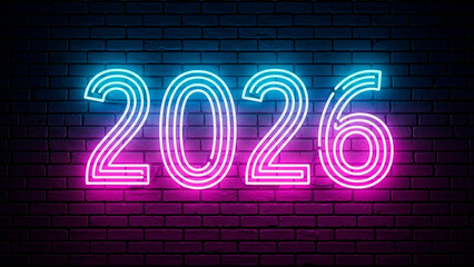 Glowing 2026 neon sign on brick wall celebrating new year