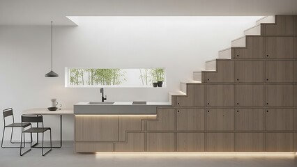 Unique modern kitchen design with staircase cabinets in minimalist style