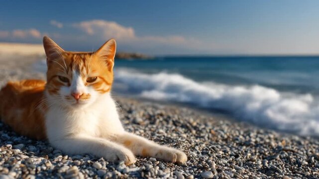 Orange-and-white cat lounges on a pebble beach, with blue sea and sky behind at calm, morning light