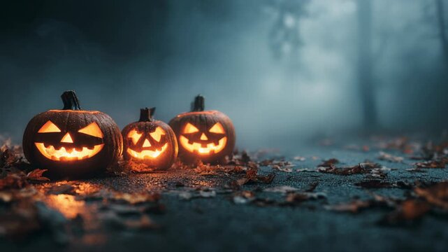 Three spooky halloween jack o lantern pumpkins with scary glowing faces in dark, foggy forest at night. creepy and mysterious traditional holiday celebration scene