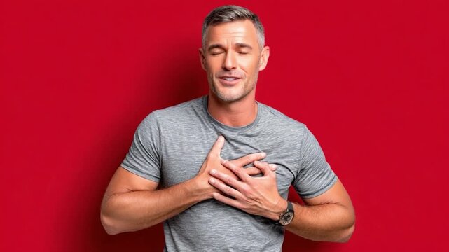 Man with hand on his heart: A man in a moment of introspection, tenderly places a hand over his heart, conveying a sense of deep emotion and connection.