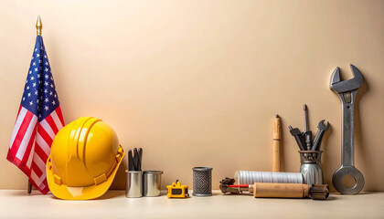 American Flag With Yellow Construction Hard Hat and Tools Arranged in a Workshop Setting.