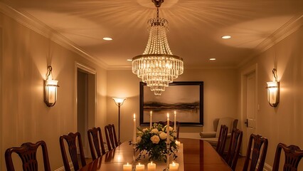 Elegant dining room set for a special occasion with a grand chandelier illuminating the table.
