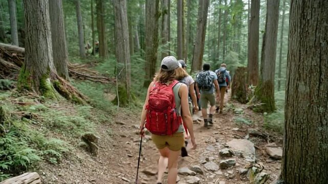 Nature Trail Adventure: A group of hikers embark on a journey along a lush forest path, their backpacks hinting at the wilderness exploration ahead.