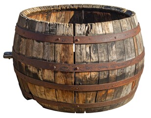 Fototapeta premium An antique wooden barrel with weathered appearance, featuring metal bands for structure and a cutout
