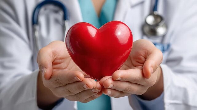 The Heart in Hands: a compassionate medical professional gently cradles a vibrant red heart, symbolizing care and the commitment to cardiac health. 