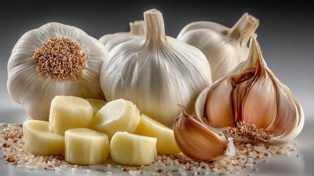 Garlic Delights: Fresh, white garlic bulbs and cloves artfully arranged, promising a burst of flavor, fragrance, and health.