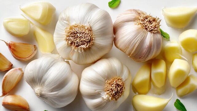 Garlic Still Life: A collection of fresh, aromatic garlic bulbs and cloves, perfect for culinary endeavors, exuding a rustic charm.
