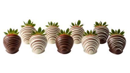 A delightful arrangement of fresh strawberries dipped in dark and white chocolate with intricate drizzled patterns
