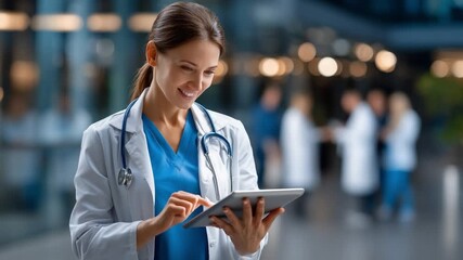 Healthcare Professional with Tablet: A dedicated healthcare professional, adorned in a pristine white coat, engaging with a tablet in a modern medical setting. - Powered by Adobe
