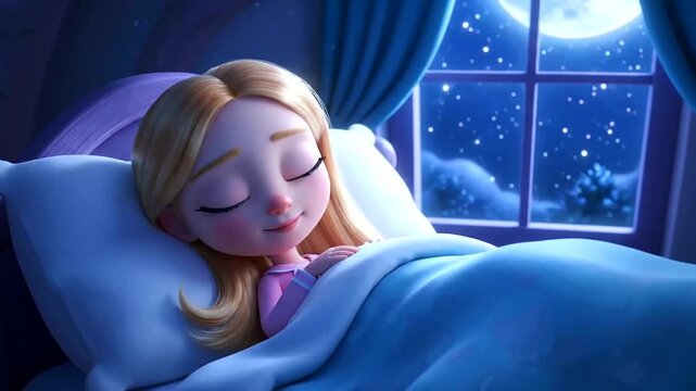 Celebrating World Sleep Day: A peaceful cartoon girl sleeps soundly in her cozy bed under a starry night sky, dreaming sweet dreams.