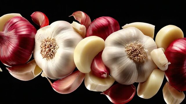 Vibrant Garlic and Onion: A visually captivating arrangement features whole garlic bulbs and sliced red onions, their rich textures and colors, artfully composed against a stark black backdrop.