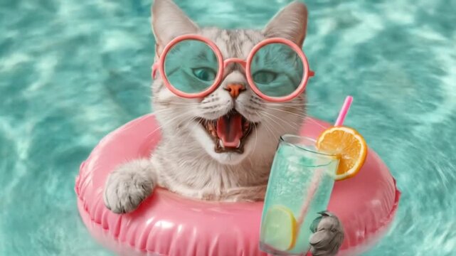 Playful tabby cat wearing bright red glasses lounges in a pink pool float with a citrus drink. Yum!!