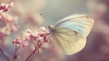 Delicate White Butterfly Resting on a Pink Wildflower Blossom.