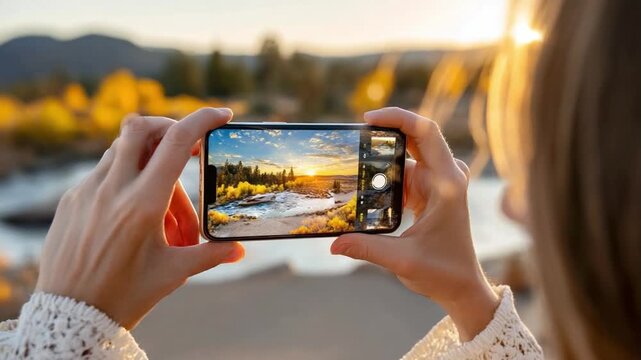 Capturing the Scenery: A person holds a smartphone, framed to capture a picturesque landscape, immortalizing nature's beauty