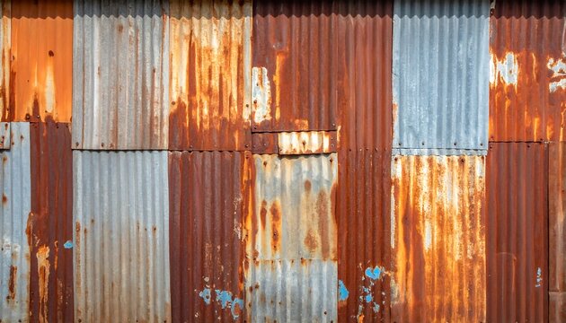 Weathered and rusty corrugated metal sheets forming a textured wall - Powered by Adobe