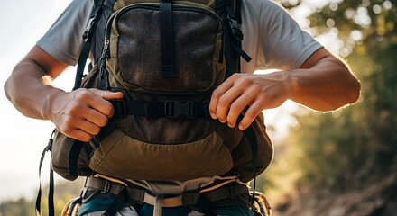 Hiker adjusting backpack straps, ready for outdoor adventure.