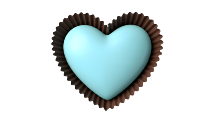 A light blue heart shaped candy sits in a brown wrapper