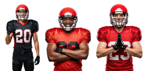 Obraz premium Group of Male Football Players in Red and Black Jerseys Posing for Team Photo with Protective Gear