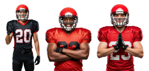 Group of Male Football Players in Red and Black Jerseys Posing for Team Photo with Protective Gear