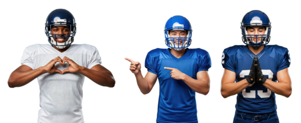 Group of Male American Football Players in Uniforms Performing Different Poses Against transparent background
