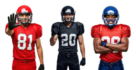 Diverse Male Football Players in Dynamic Poses Wearing Jerseys and Helmets