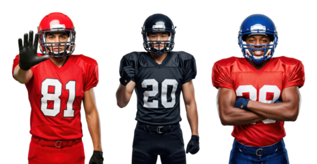 Diverse Male Football Players in Dynamic Poses Wearing Jerseys and Helmets
