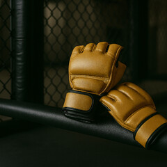 Golden MMA gloves in a MMA cage