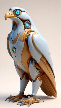 Ilustrasi 3D burung elang robotik futuristik dengan desain cyborg berwarna putih dan emas, menampilkan teknologi canggih, mata bercahaya biru, dan detail mekanis presisi.