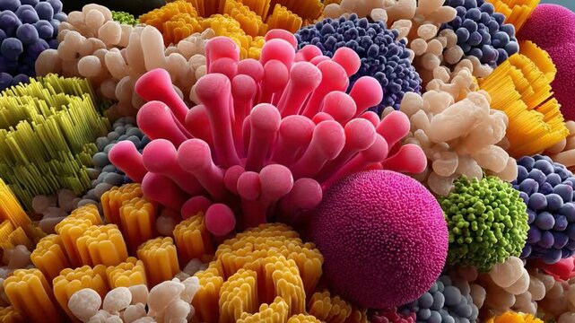 Microscopic World of Vivid Wonders: Dive into the captivating world of tiny structures, a stunning close-up showcasing an array of vibrant, diverse formations in a kaleidoscope of colors.