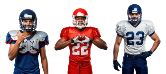 Three Male Football Players in Action Poses Wearing Different Jerseys and Helmets on transparent background