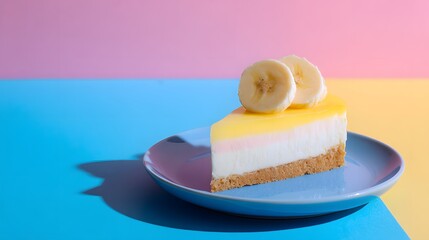 Delicious Slice of Banana Cream Cheesecake on a Blue Plate.