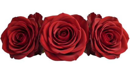 Three lush red roses are displayed in a horizontal row against a stark black background highlighting their velvety petals and intricate centers