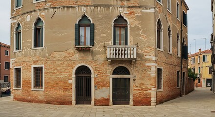 Weathered brick building corner in an old European city with arched doorways and ornate windows